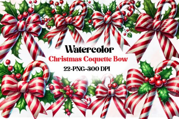 Candy Cane Merry Christmas Coquette Bow Illustrations