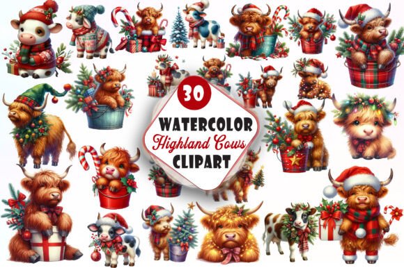 Christmas Highland Cows in Bucket Clipar Illustrations Review