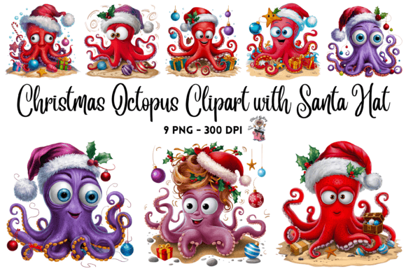 Christmas Octopus Clipart with Santa Hat