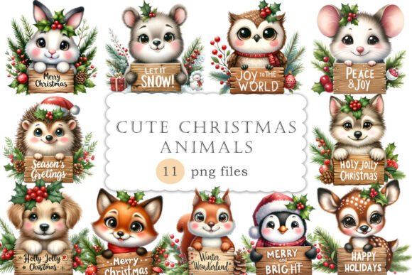 Cute Christmas Clipart Animals with Sign