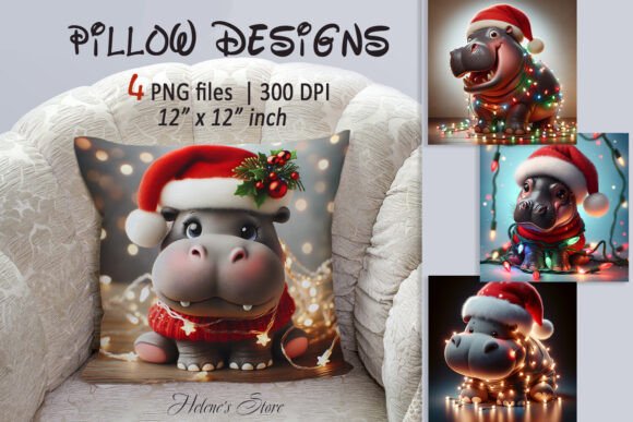 Cute Christmas Hippo Pillows Designs Set: A Seller’s Review of Festive Illustrations