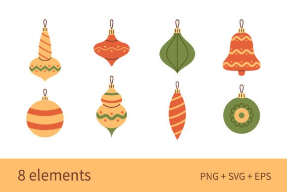 Cute Retro Christmas Trees Baubles Set for Illustrations