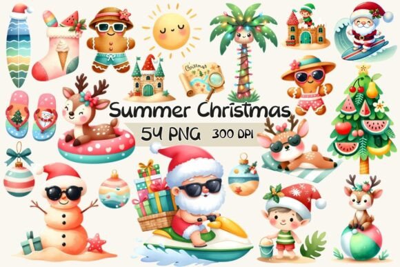 Cute Summer Christmas Watercolor Clipart for Illustrations