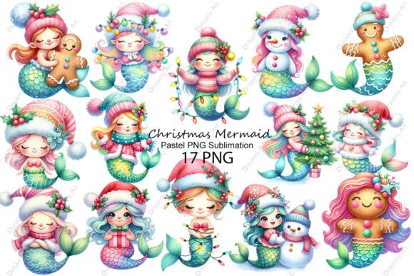 Pastel Christmas Mermaid PNG Sublimation in Illustrations