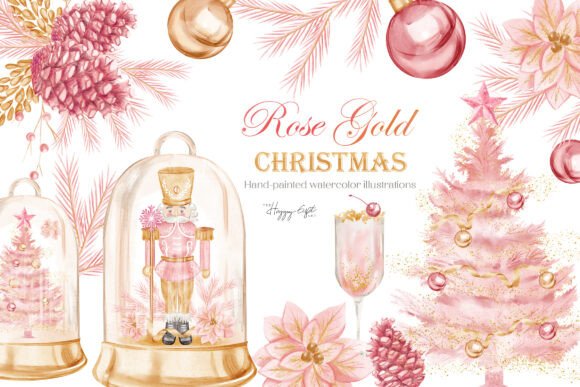 Rose Gold Christmas Watercolor Clip Arts and Illustrations