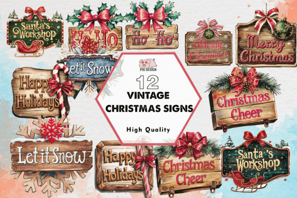 Vintage Christmas Signs Clipart PNG for Illustrations
