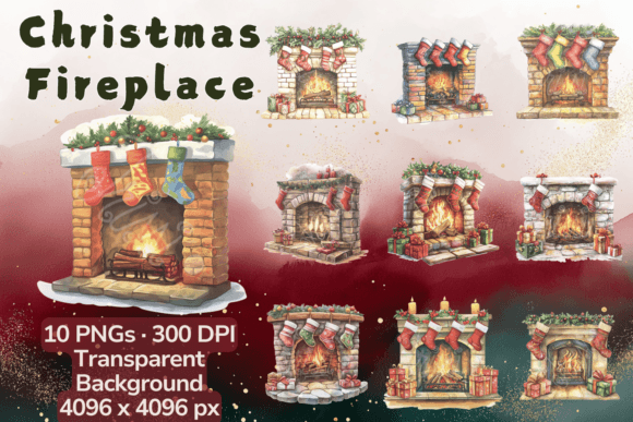 Watercolor Christmas Fireplace Clip Art for Illustrations