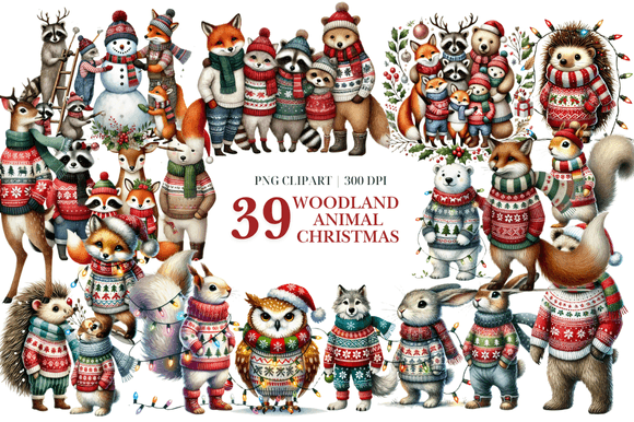 Woodland Animal Christmas Clipart PNG for Illustrations
