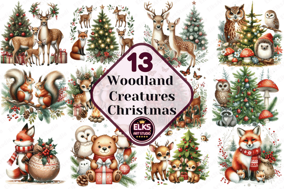 Woodland Creatures Christmas Clipart for Digital Illustrations